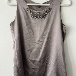 Ann Taylor Silk Gem Embellished Pewter Top Size S